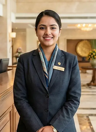 Hospitality graduate working in hotel front desk operations